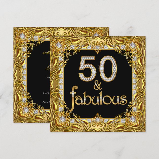 Fabulous 50 Gold Diamond on Black Birthday Party Invitation (Front/Back)