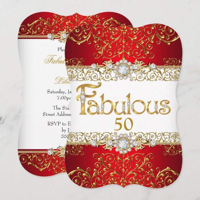 Fabulous 50 Gold Diamond Red Glamour Birthday Invitation (Front/Back)