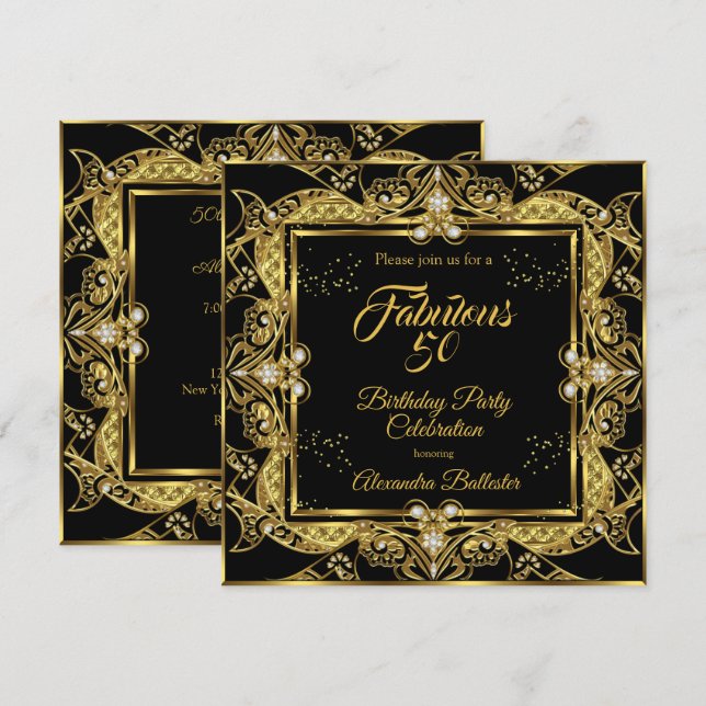 Fabulous 50 Gold Jewel Black Birthday Party Invitation (Front/Back)