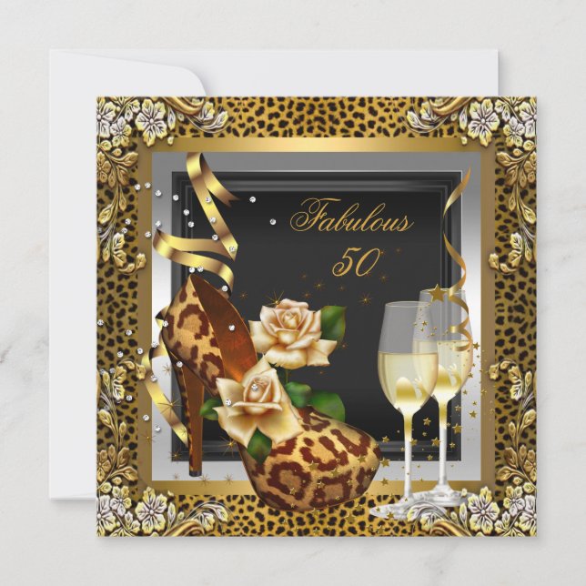 Fabulous 50 Gold Leopard Black High Heels Party Invitation (Front)
