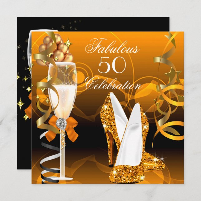 Fabulous 50 Gold Orange Birthday Party Invitation (Front/Back)