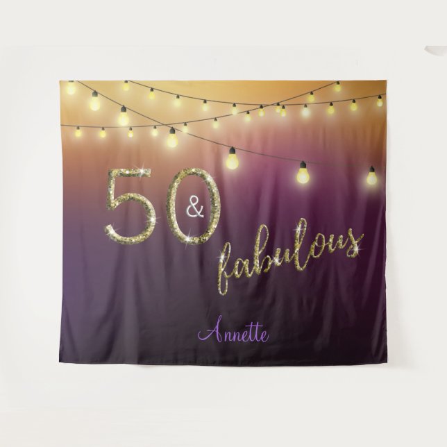 Fabulous 50 Gold Purple Lights Photo Backdrop Tapestry (Front (Horizontal))