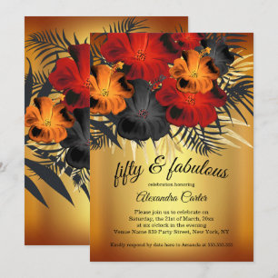 Fabulous 50 Gold Red Orange Black Hibiscus party Invitation