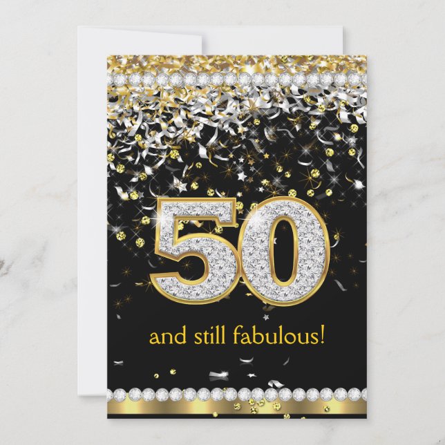 Fabulous 50 Gold Silver Streamers 50th Party Invitation (Front)