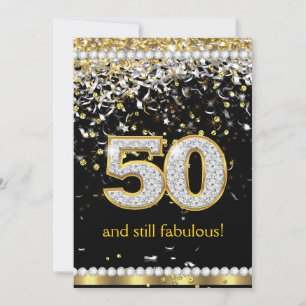 Fabulous 50 Gold Silver Streamers 50th Party Invitation