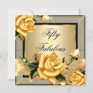 Fabulous 50 Gold Yellow Rose Black Birthday Invitation