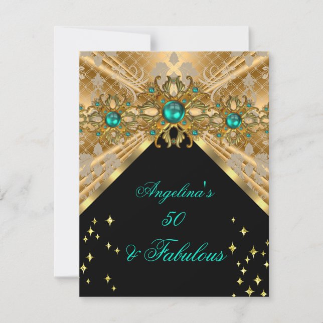 Fabulous 50 Jade Green Gold Damask Birthday Party Invitation (Front)