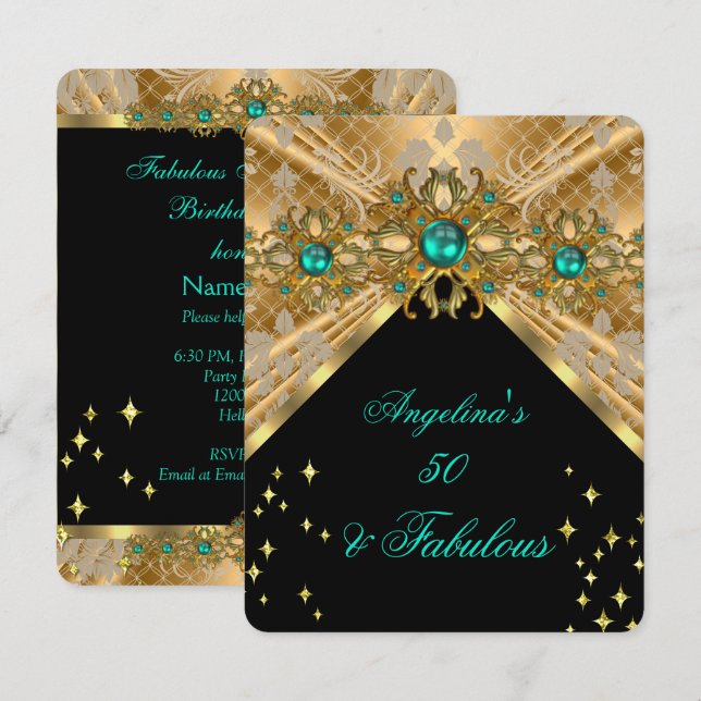 Fabulous 50 Jade Green Gold Damask Birthday Party Invitation (Front/Back)