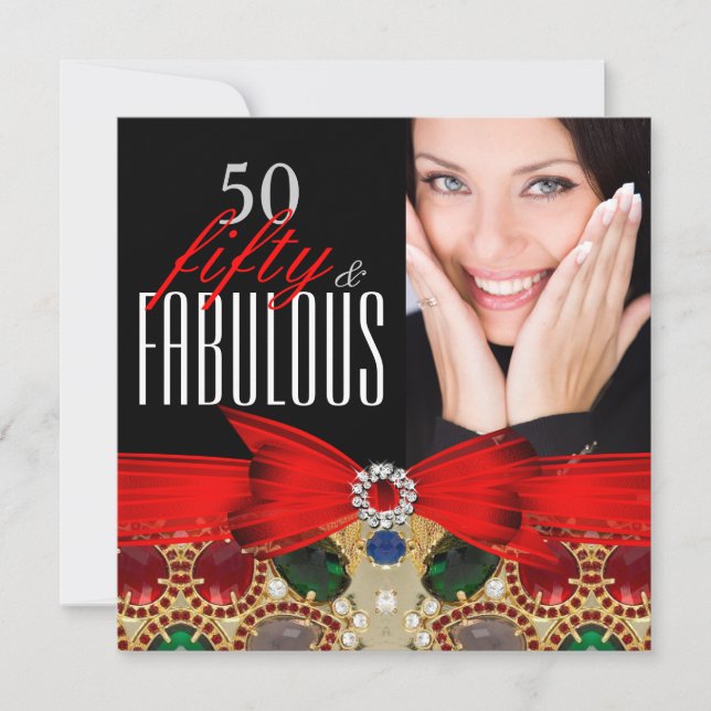 Fabulous 50 Jewel Red Black Photo Birthday Party Invitation (Front)