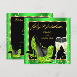 Fabulous 50 Lime Green Champagne Heels Birthday Invitation