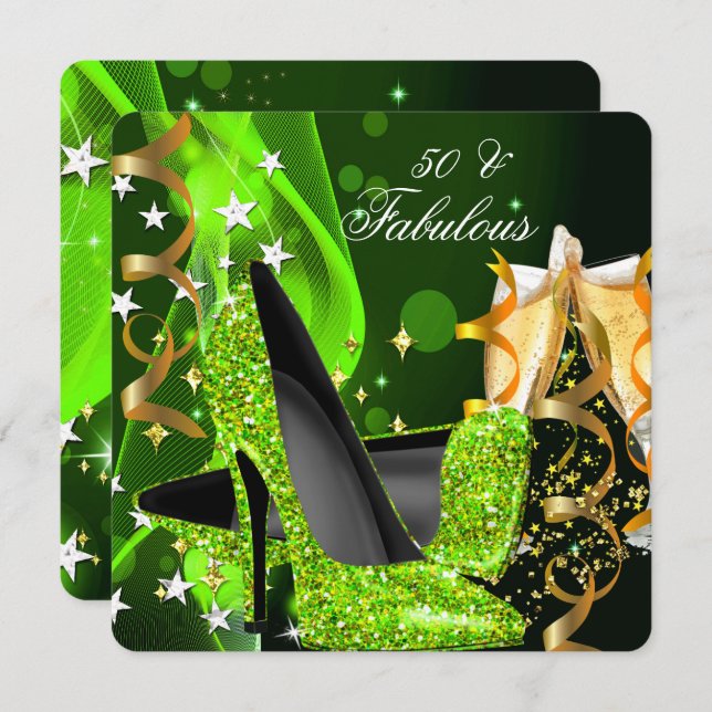 Fabulous 50 Lime Green Gold Heels Birthday Party Invitation (Front/Back)
