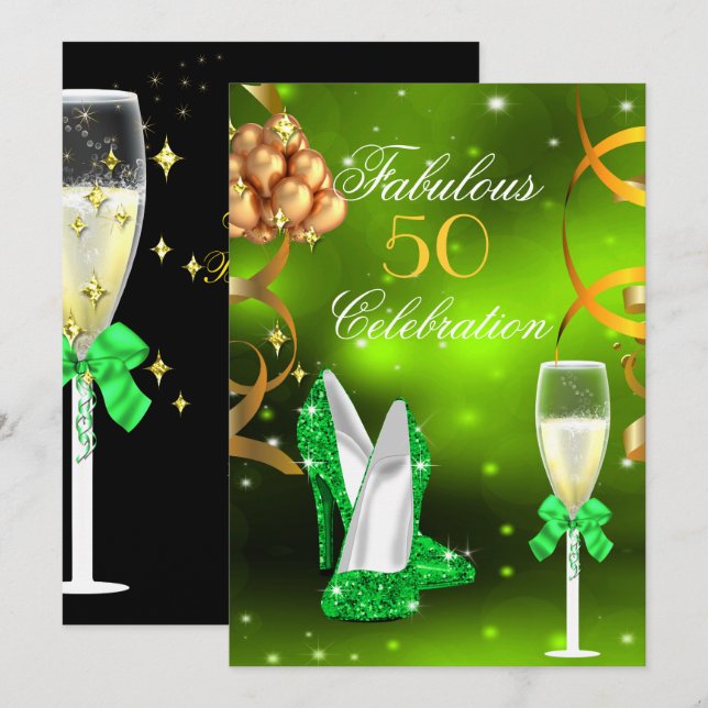 Fabulous 50 Lime Green Gold Heels Champagne Party Invitation (Front/Back)