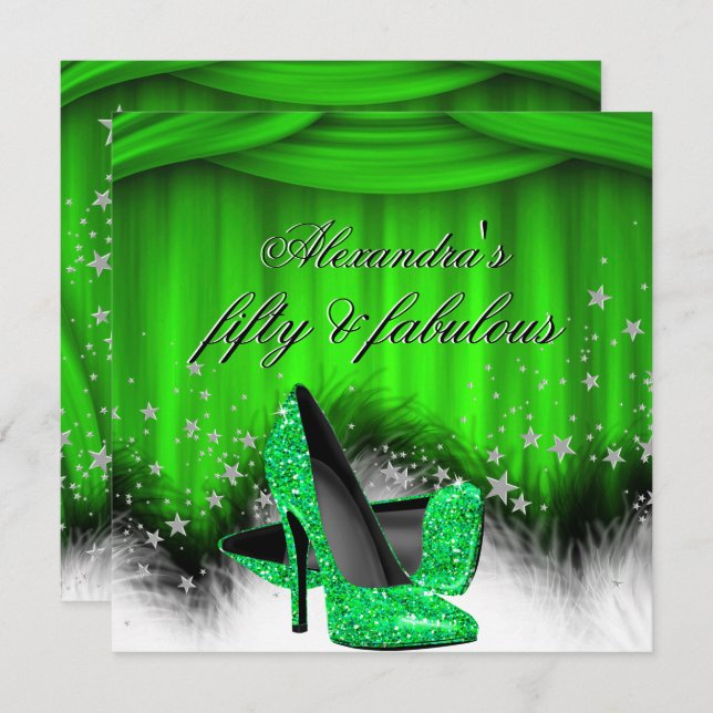 Fabulous 50 Lime Green High Heels Feather Birthday Invitation (Front/Back)