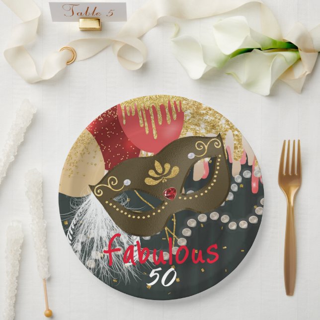 Fabulous 50 Masquerade Bronze Mask & Pearls Paper Plate (Wedding)