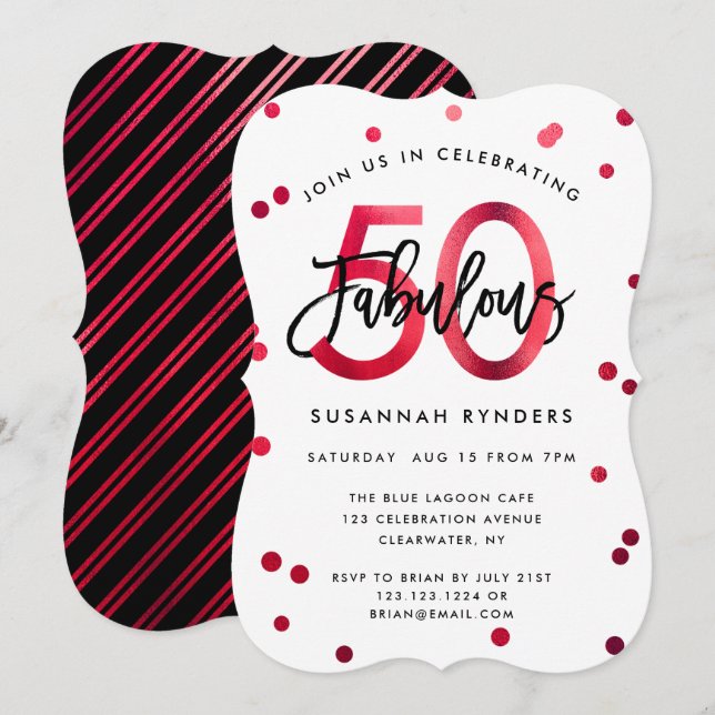 Fabulous 50 | Modern Elegant Red Brushed Birthday Invitation (Front/Back)