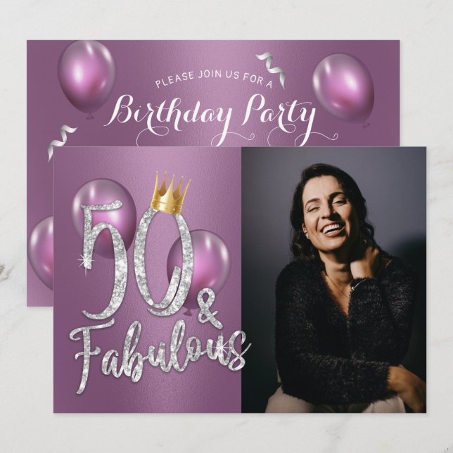 Fabulous 50 Modern Purple Girl Photo 50th Birthday Invitation (Front/Back)