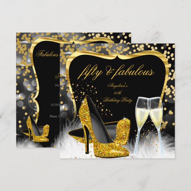 Fabulous 50 Party Black Gold Champagne High Heel Invitation