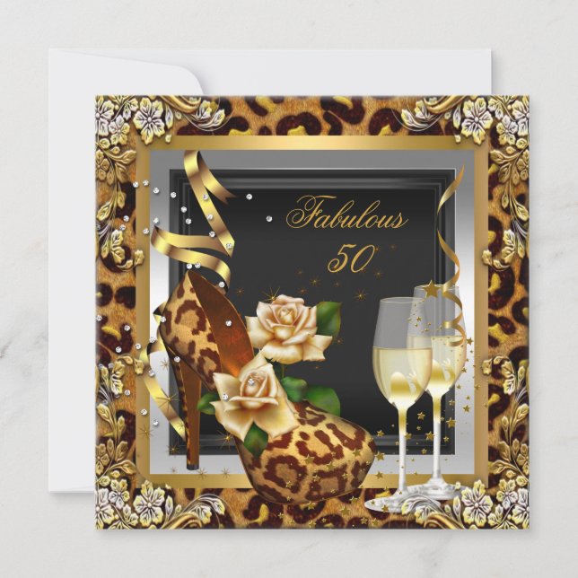 Fabulous 50 Party Gold Leopard Black High Heels Invitation (Front)