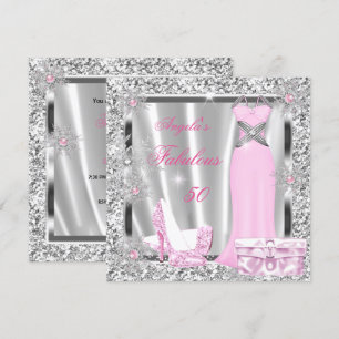 Fabulous 50 Party Light Pink Silver Snowflakes Invitation
