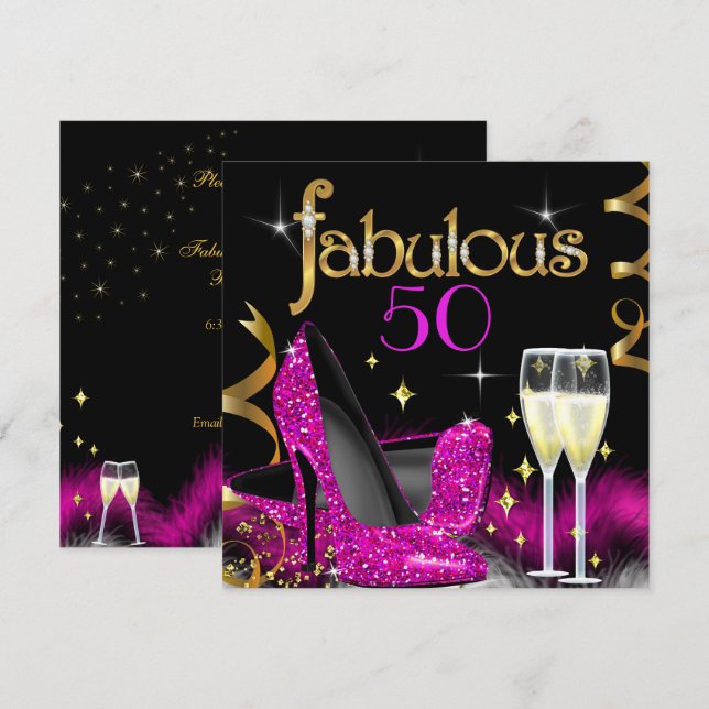 Fabulous 50 Party Pink High Heels Gold Black Invitation (Front/Back)
