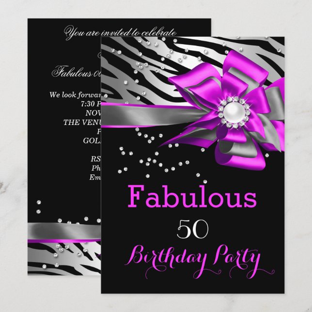 Fabulous 50 Party Pink Zebra Black Silver Pearl Invitation (Front/Back)