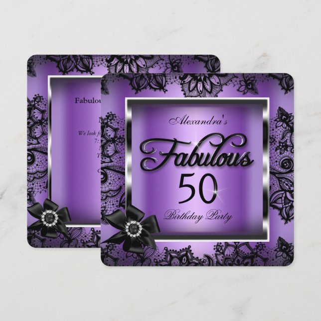 Fabulous 50 Party Purple Damask Black Lace Pearl Invitation (Front/Back)