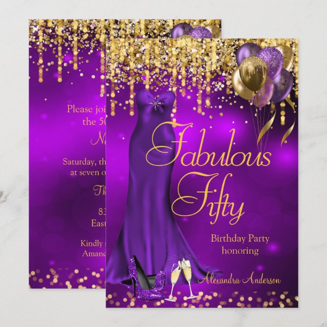 Fabulous 50 Party Purple Glitter Gold Heels Dress Invitation (Front/Back)