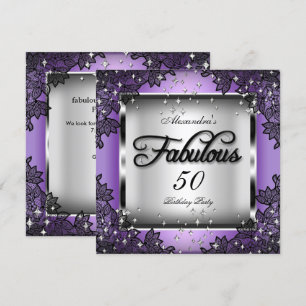 Fabulous 50 Party Purple Silver Stars Black Lace Invitation