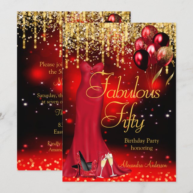 Fabulous 50 Party Red Glitter Gold Heels Dress Invitation (Front/Back)