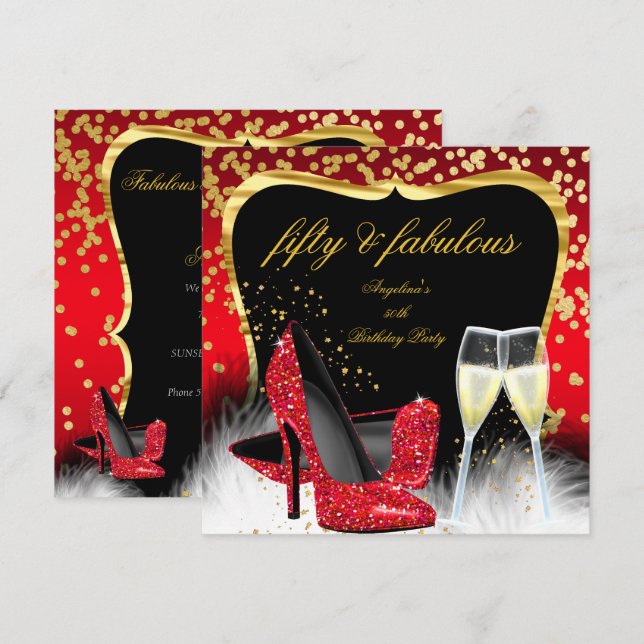 Fabulous 50 Party Red Gold Champagne Glitter Heels Invitation (Front/Back)