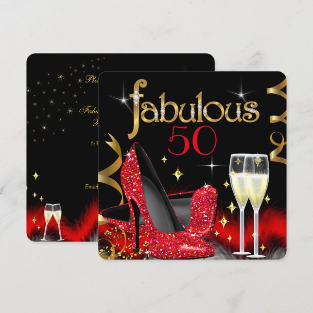 Fabulous 50 Party Red High Heels Gold Black Invitation (Front/Back)