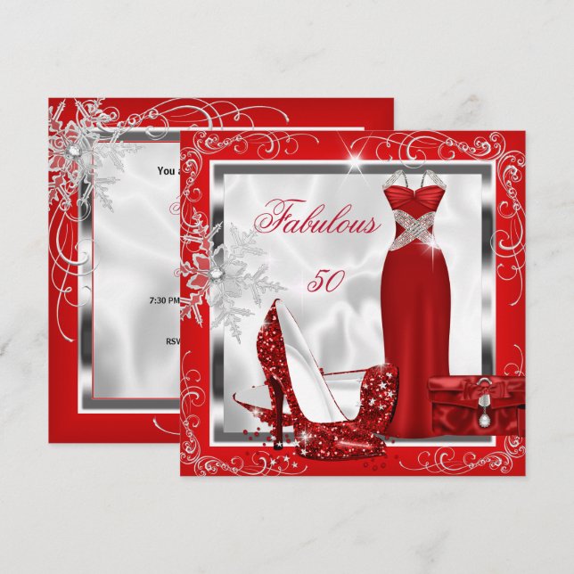 Fabulous 50 Party Red Silver Dress Heels S7 Invitation (Front/Back)