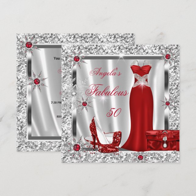 Fabulous 50 Party Red Silver Snowflakes Invitation (Front/Back)