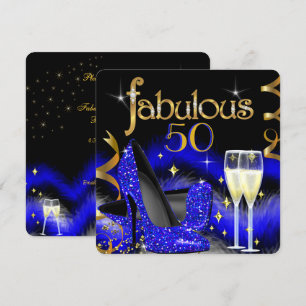 Fabulous 50 Party Royal Blue High Heels Gold Black Invitation