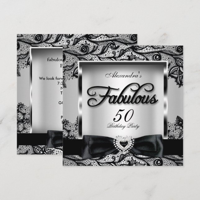 Fabulous 50 Party Silver Grey Damask Black Lace 2 Invitation (Front/Back)