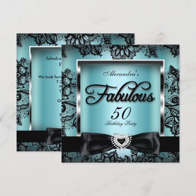 Fabulous 50 Party Teal Blue Damask Black Lace Invitation (Front/Back)