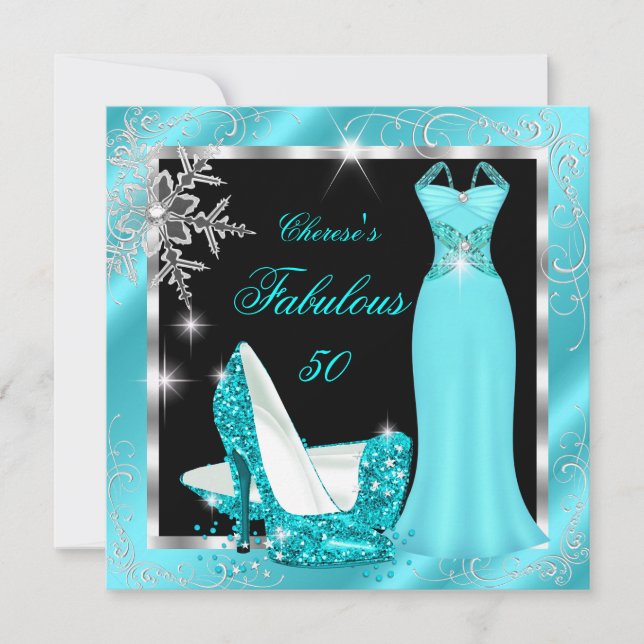 Fabulous 50 Party Teal Blue Silver Dress Heels S12 Invitation (Front)