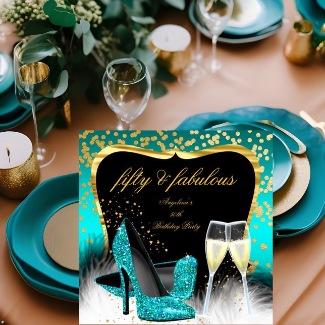 Fabulous 50 Party Teal Gold Champagne Glitter Heel Invitation (Creator Uploaded)