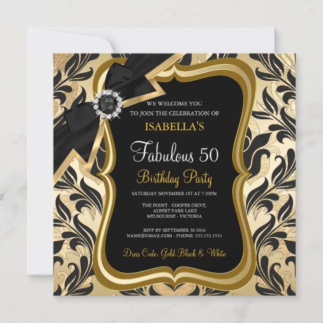 Fabulous 50 Pearl Gold Bow Black Damask Invite (Front)