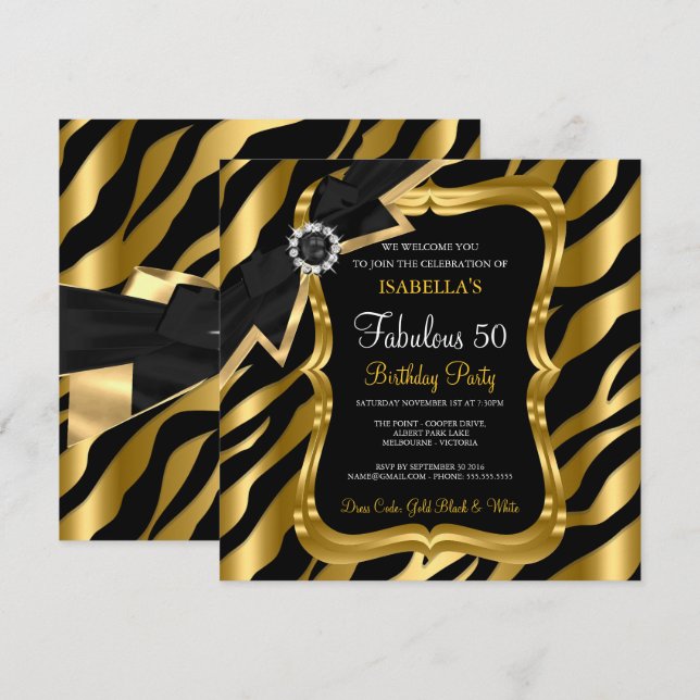 Fabulous 50 Pearl Gold Bow Black Zebra Invite (Front/Back)