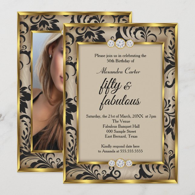 Fabulous 50 Photo Beige Black Damask Gold birthday Invitation (Front/Back)