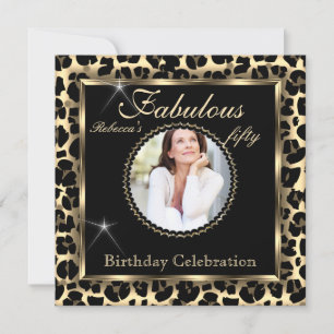 Fabulous 50 Photo Black Bronze Leopard Birthday Invitation
