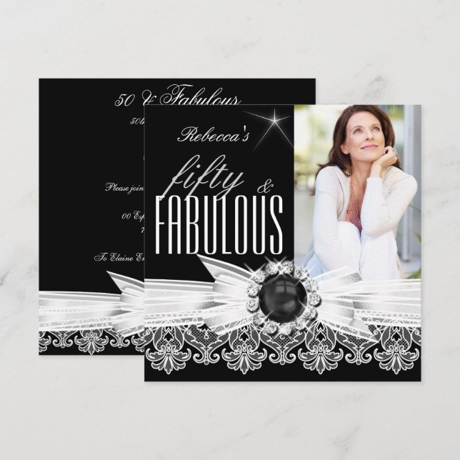 Fabulous 50 Photo Black Pearl White Lace Birthday Invitation (Front/Back)