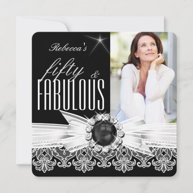 Fabulous 50 Photo Black Pearl White Lace Birthday Invitation (Front)