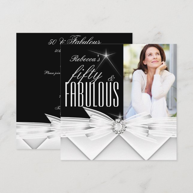 Fabulous 50 Photo Black White 50th Birthday Party Invitation (Front/Back)