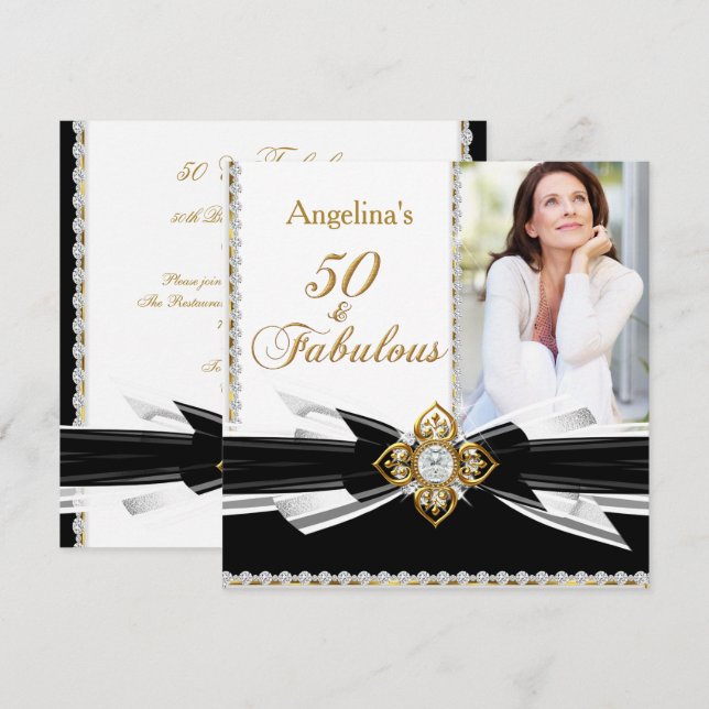Fabulous 50 Photo Black White Gold Birthday Party Invitation (Front/Back)