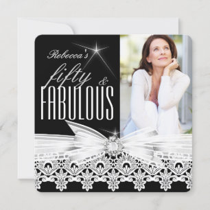 Fabulous 50 Photo Black White Lace 50th Birthday 2 Invitation