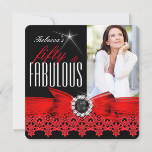 Fabulous 50 Photo Black White Red Lace Birthday Invitation