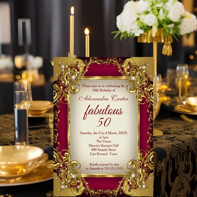Fabulous 50 Photo burgundy red beige Gold Party Invitation (Creator Uploaded)