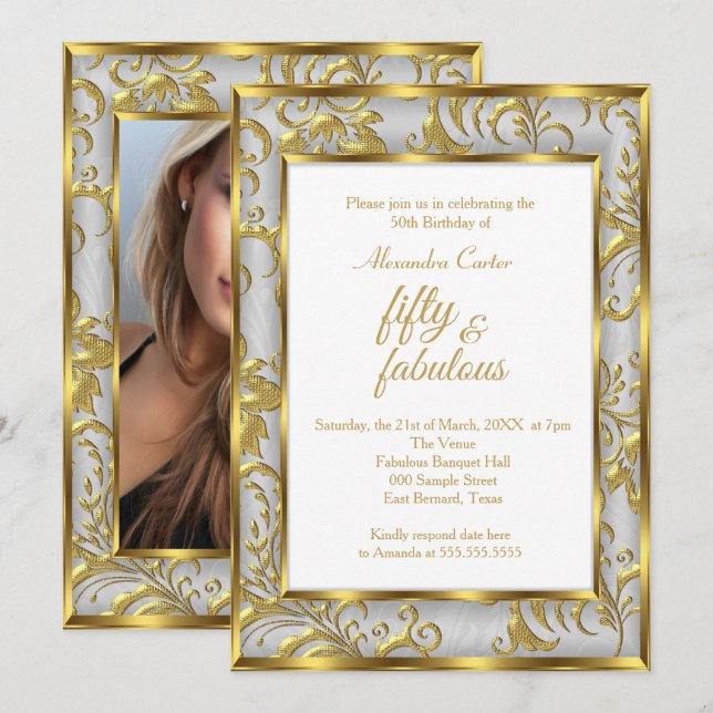 Fabulous 50 Photo Damask Gold grey silver birthday Invitation (Front/Back)